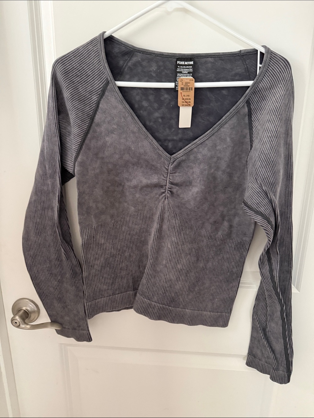 Active USA Charcoal Ribbed V-Neck Long Sleeve Top